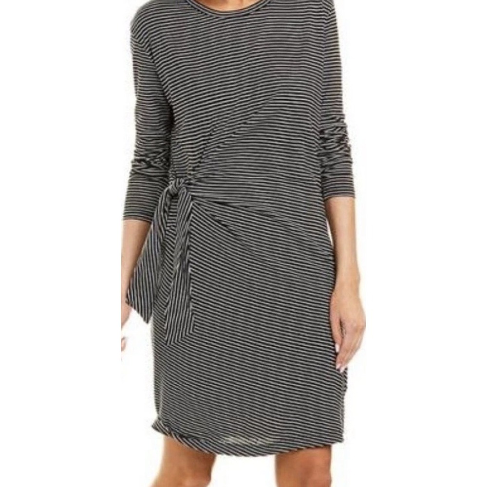 Vince Striped Side Tie T-Shirt Dress Long Sleeve Black White Size XS Knee Length